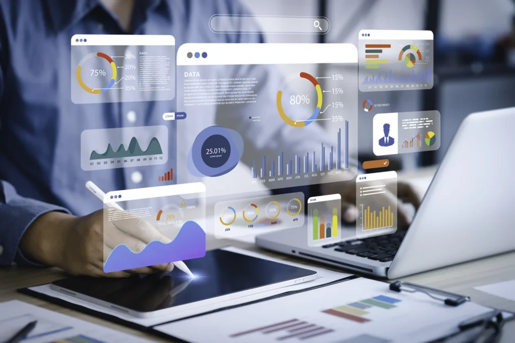 Analyzing business graphs and charts on a laptop, focused on customized strategy development