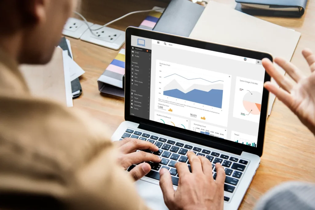 Person using a laptop displaying a graph, illustrating government digital transformation efforts
