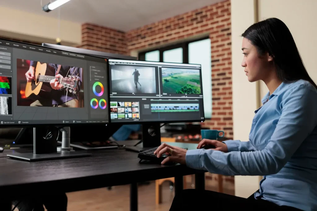 Woman working intently at a computer with dual monitors, producing animated explainer videos