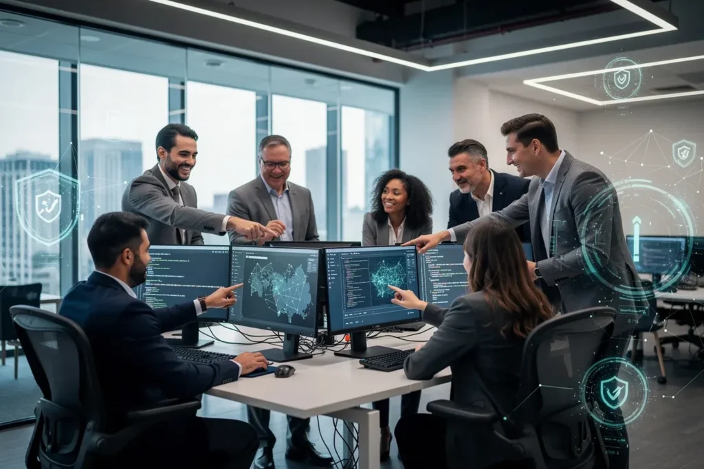 Team of business individuals working at computers in an office, illustrating successful backend development projects