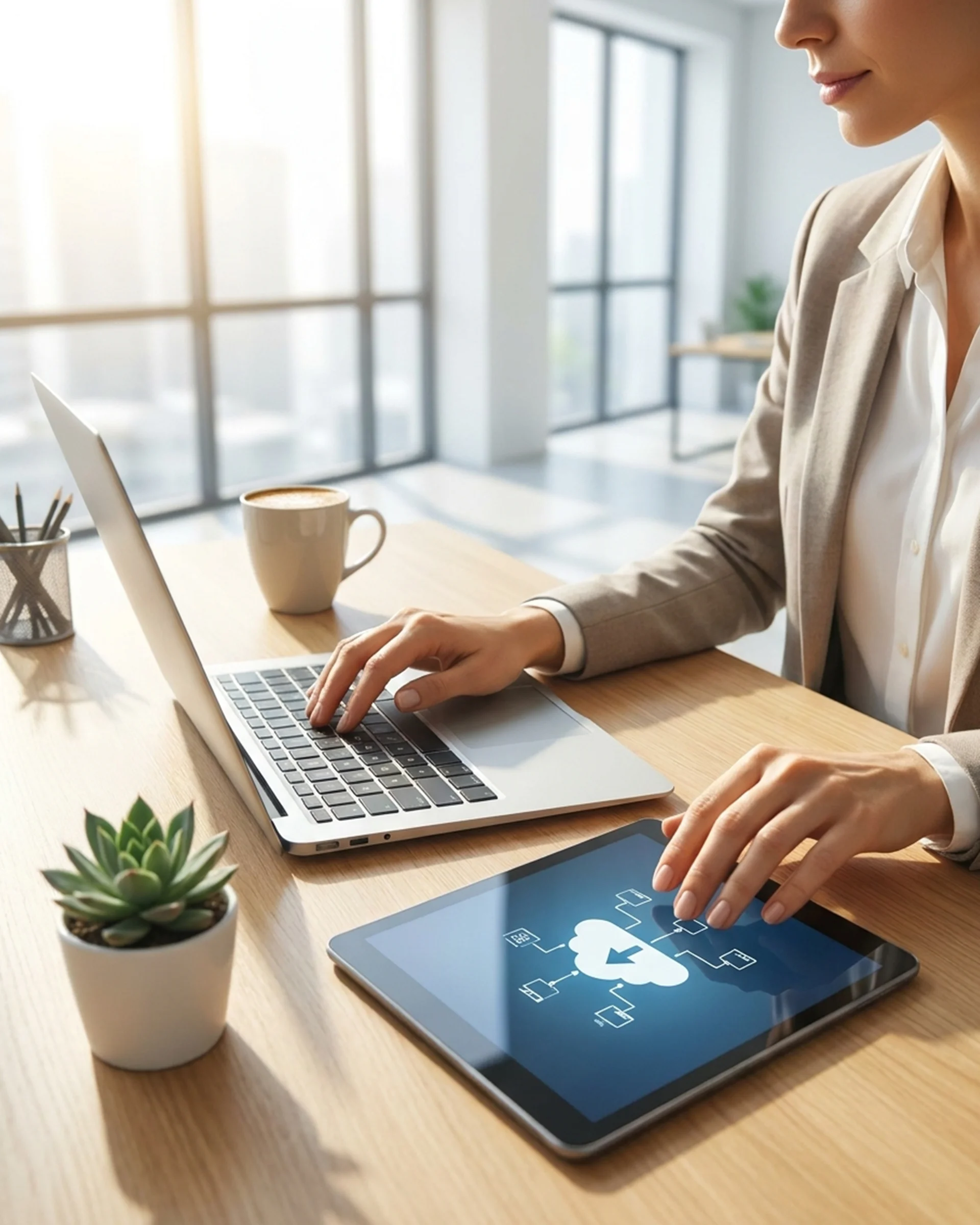 Businesswoman interacting with a tablet featuring a cloud icon, related to IT management services