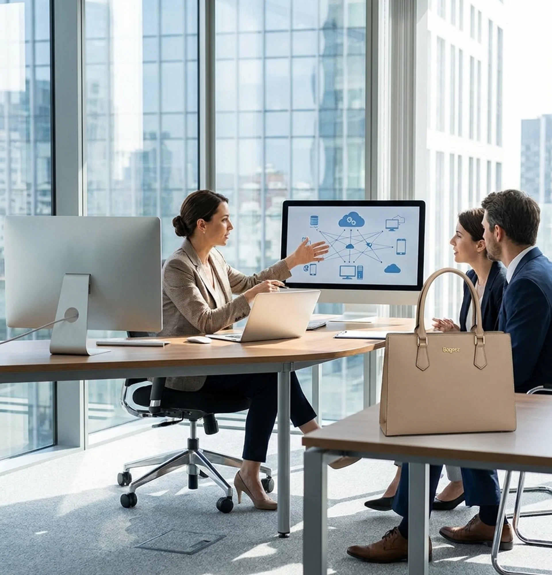 Group of three business people collaborating on IT management services at a table with a laptop