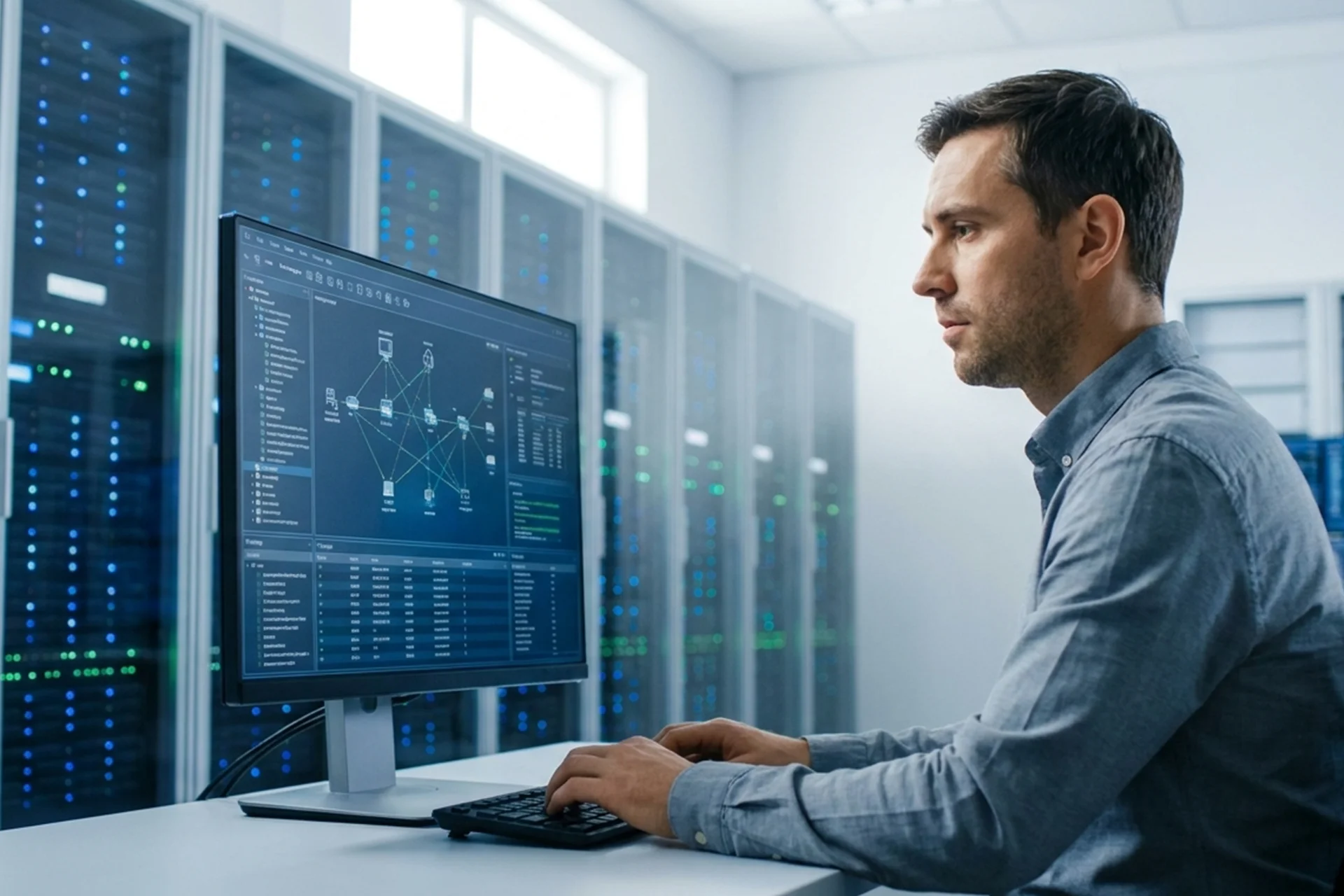 Man focused on a computer screen, working on IT management services