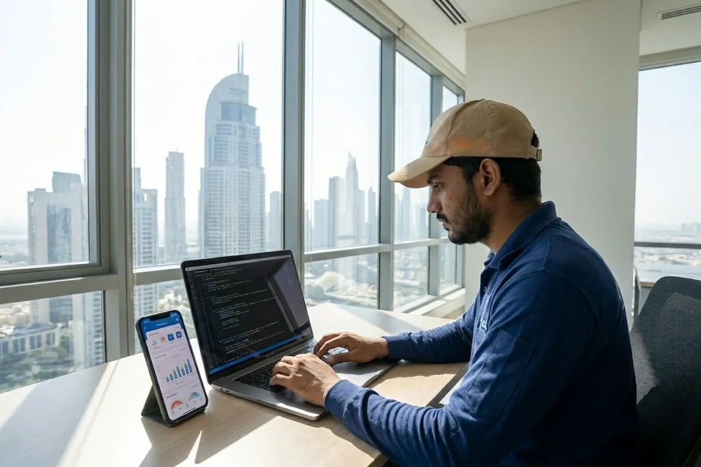 Man in a cap working at a desk with a laptop, focused on mobile app development tasks