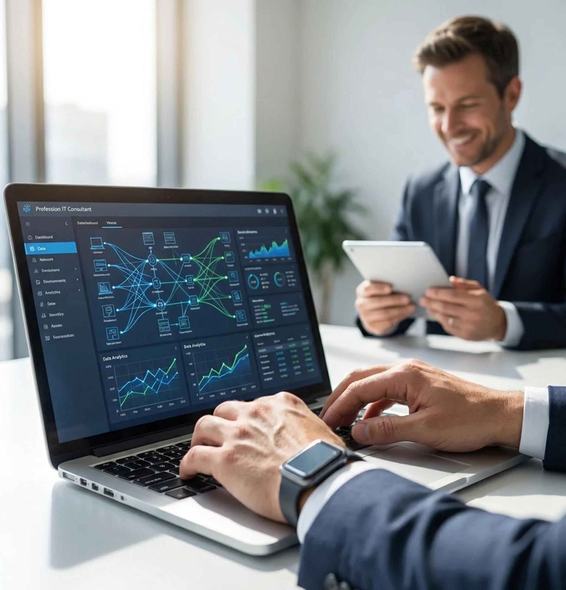 Two business professionals in suits collaborate at a table with a laptop, discussing IT management services