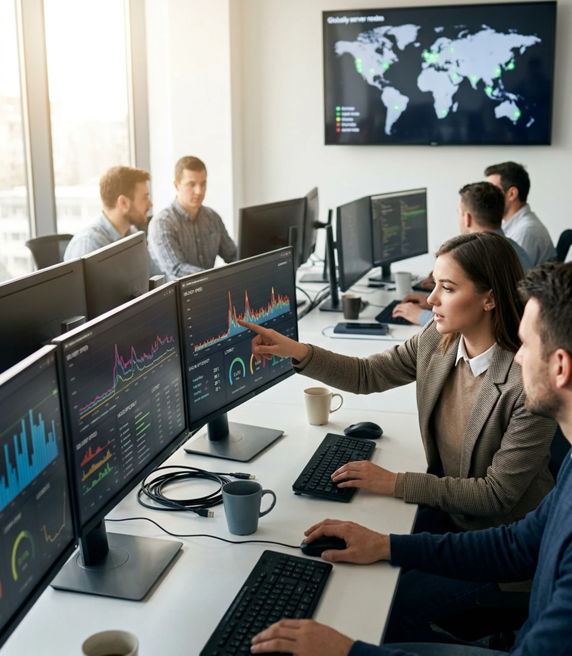 Business professionals collaborating in an office, utilizing multiple monitors to discuss content delivery services