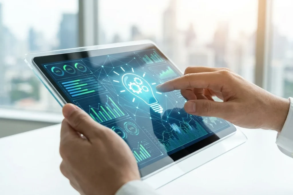 Businessman analyzing data on a tablet, illustrating the impact of IT consulting services on growth and innovation