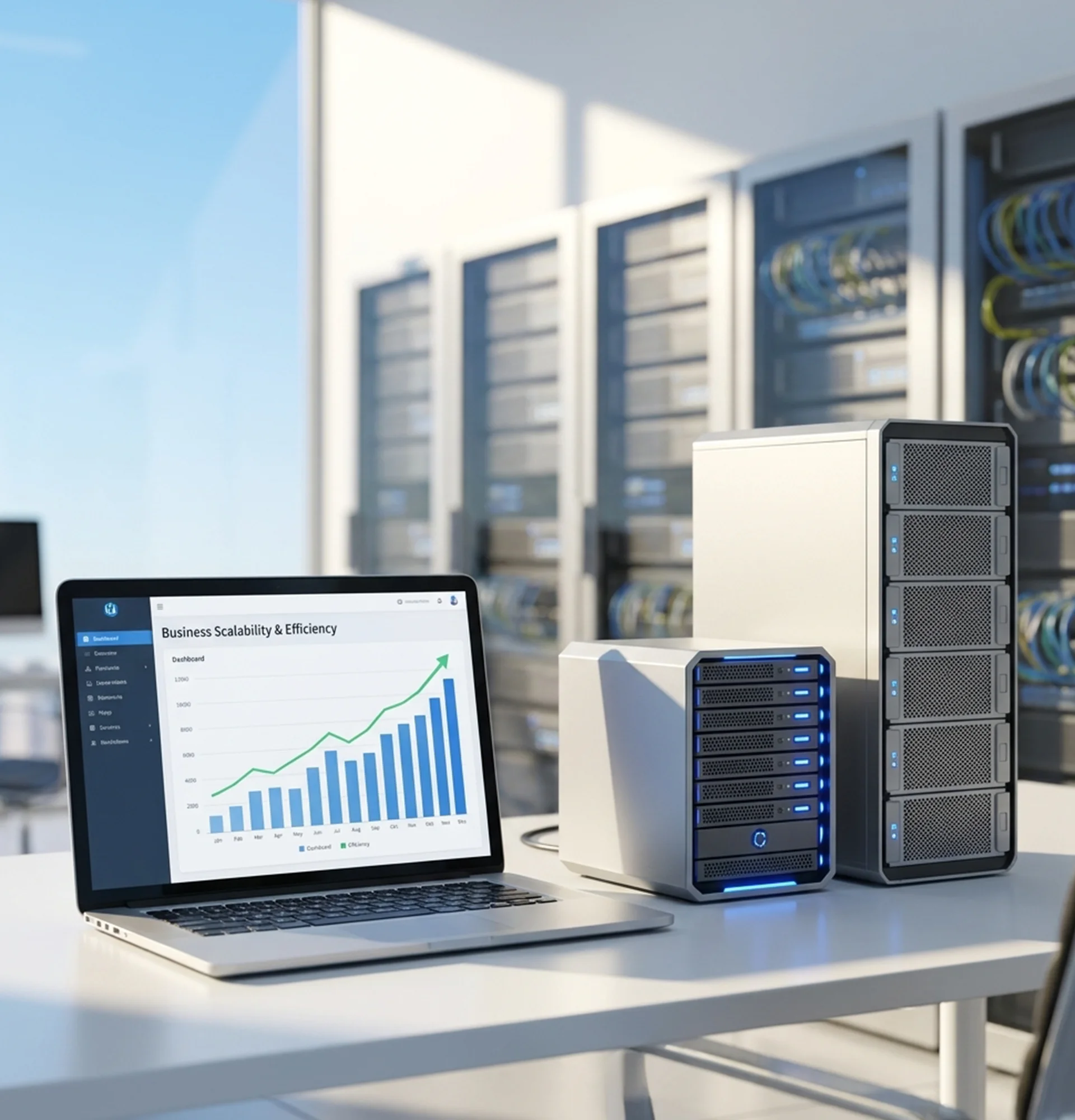 Laptop on a desk beside a server, symbolizing the future of cloud computing and the role of a cloud services agency