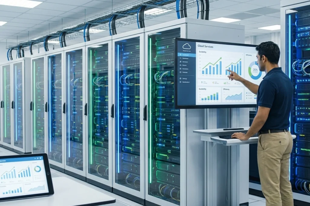 Man with a large monitor stands before a server rack, illustrating the cloud services agency capabilities of Zechion IT