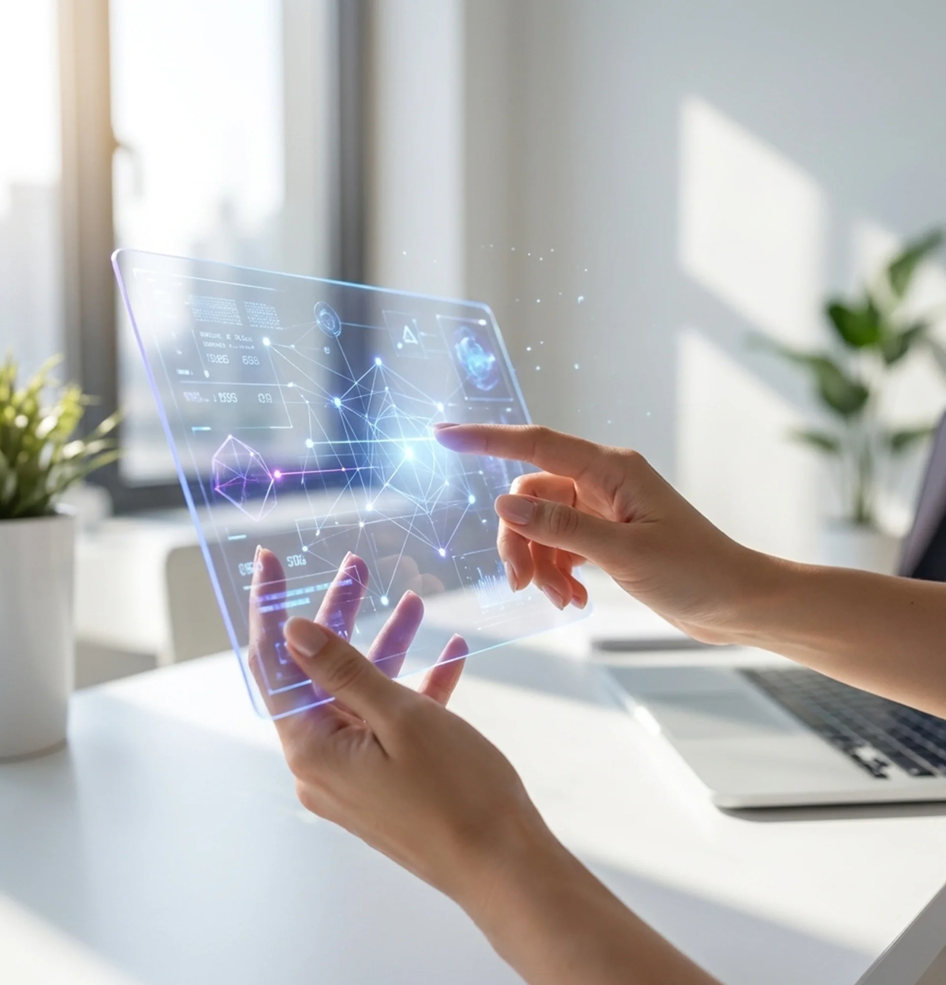 Person holds a tablet displaying a sleek, futuristic interface related to IT consulting services