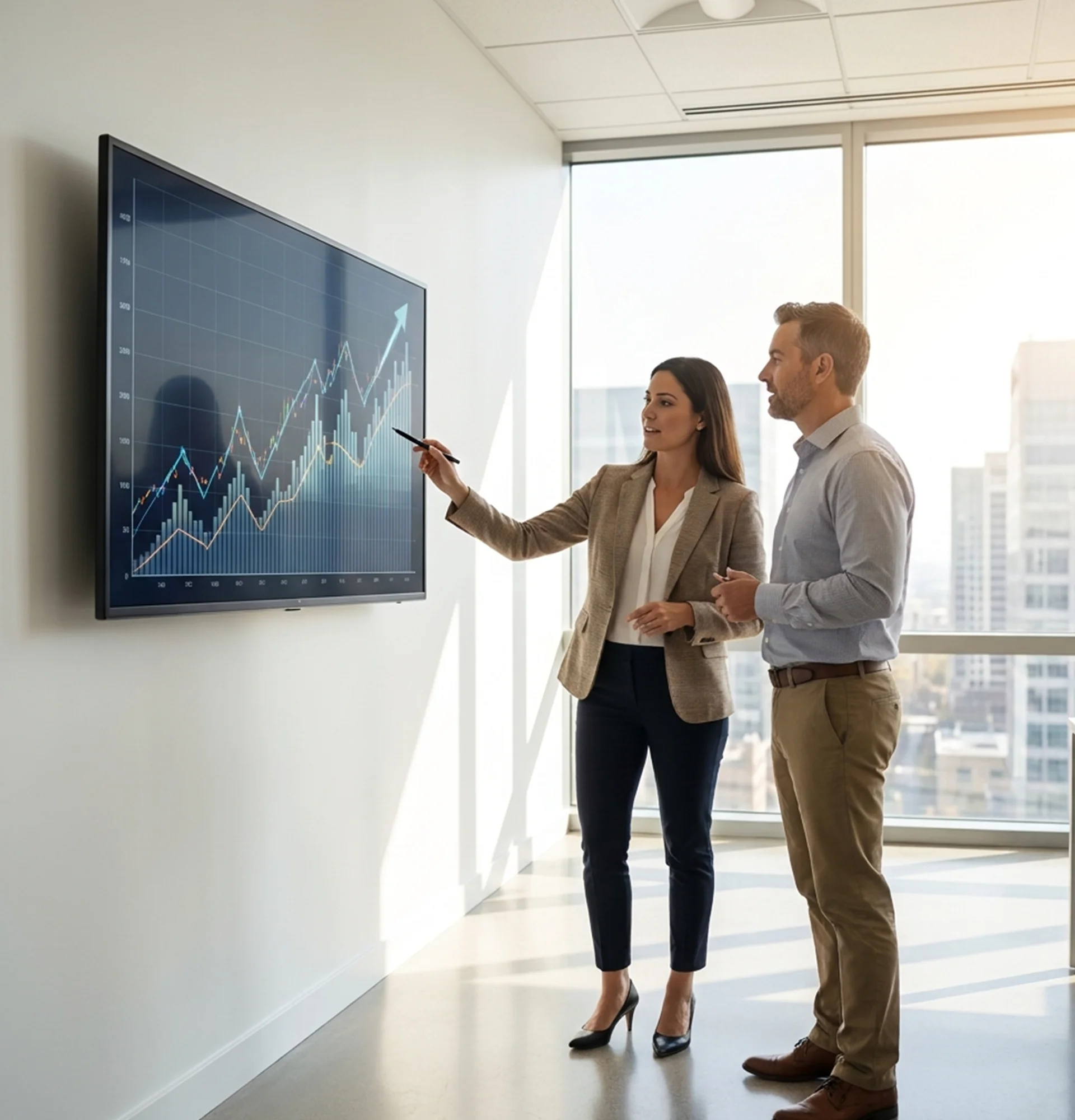 Two business professionals discussing in front of a large screen displaying IT consulting services