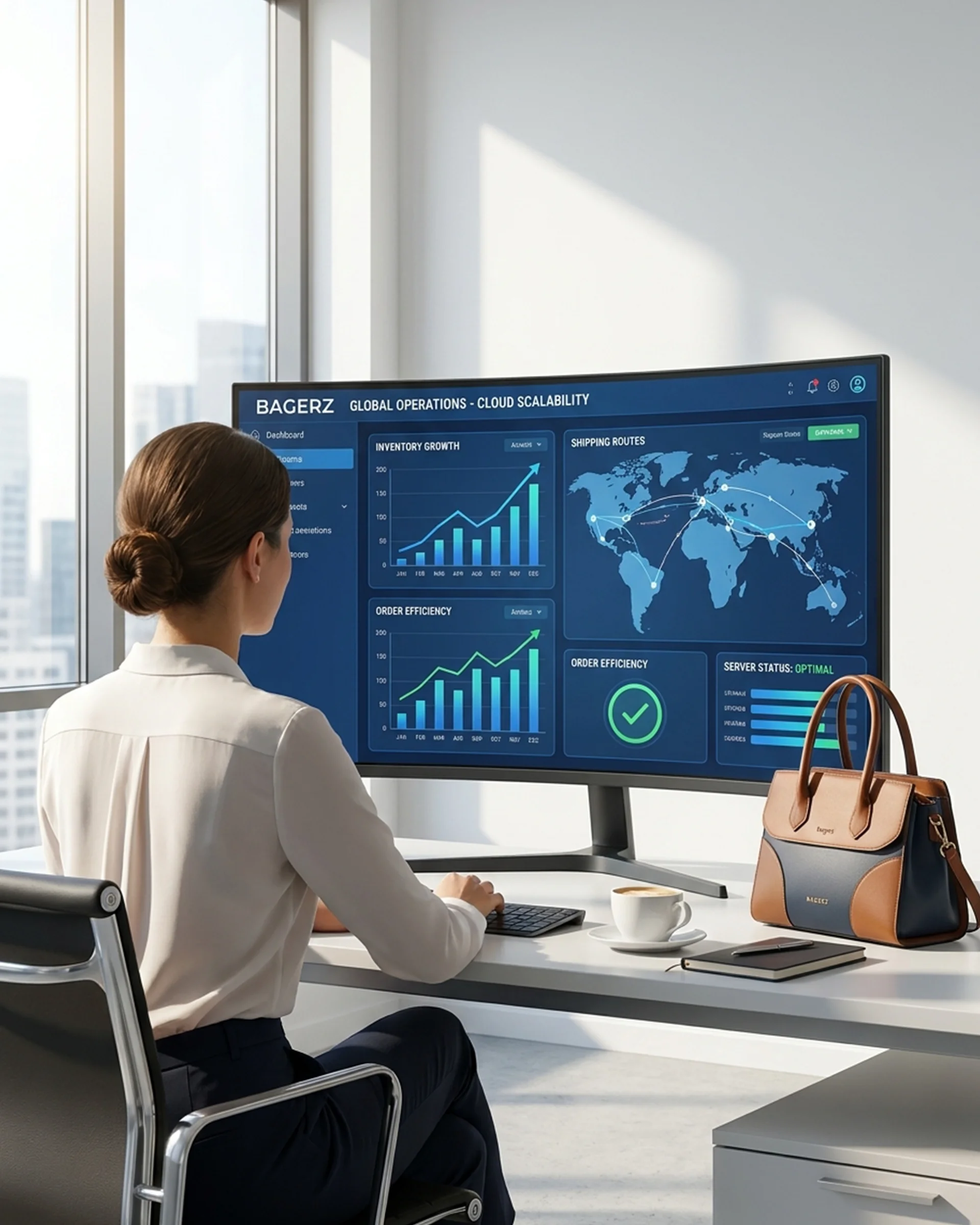 Woman reviews data on a computer screen, showcasing graphs related to cloud migration services at her desk