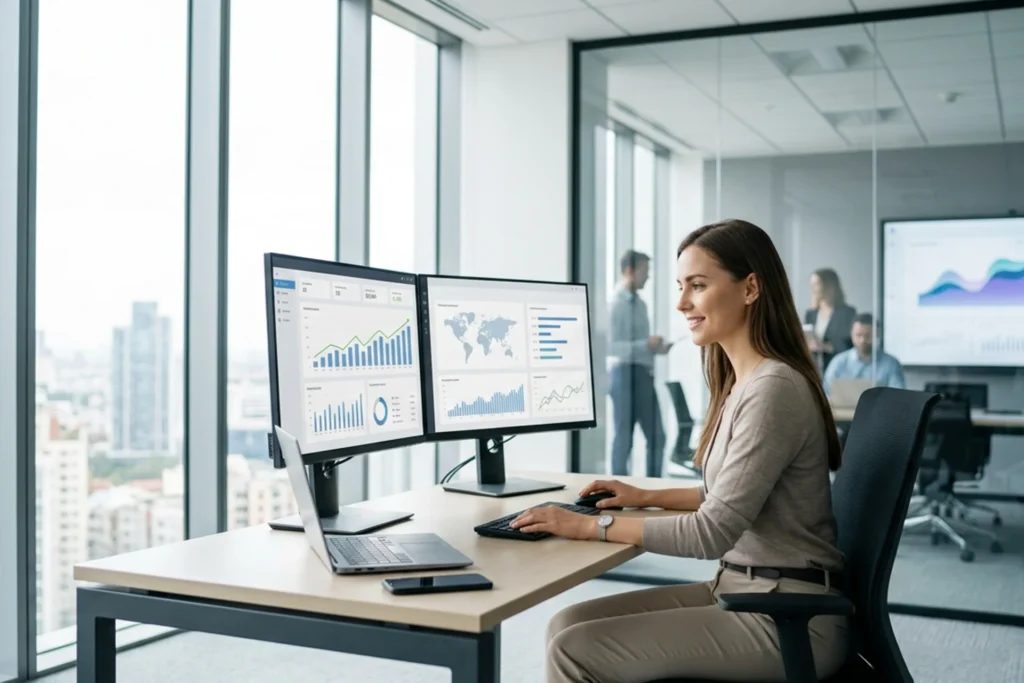 Woman working at a desk with two monitors, illustrating the use of technology in content delivery services