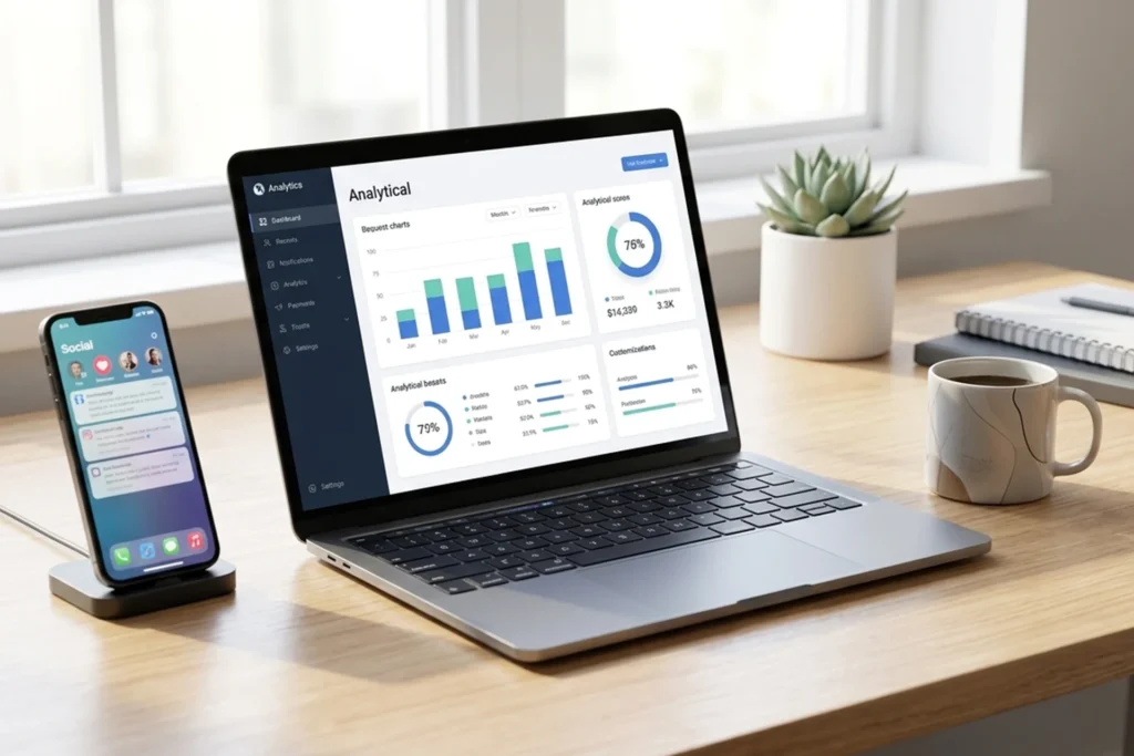 A laptop showing analytics on a desk by a window, with a smartphone displaying social media notifications perfect for digital marketing solutions