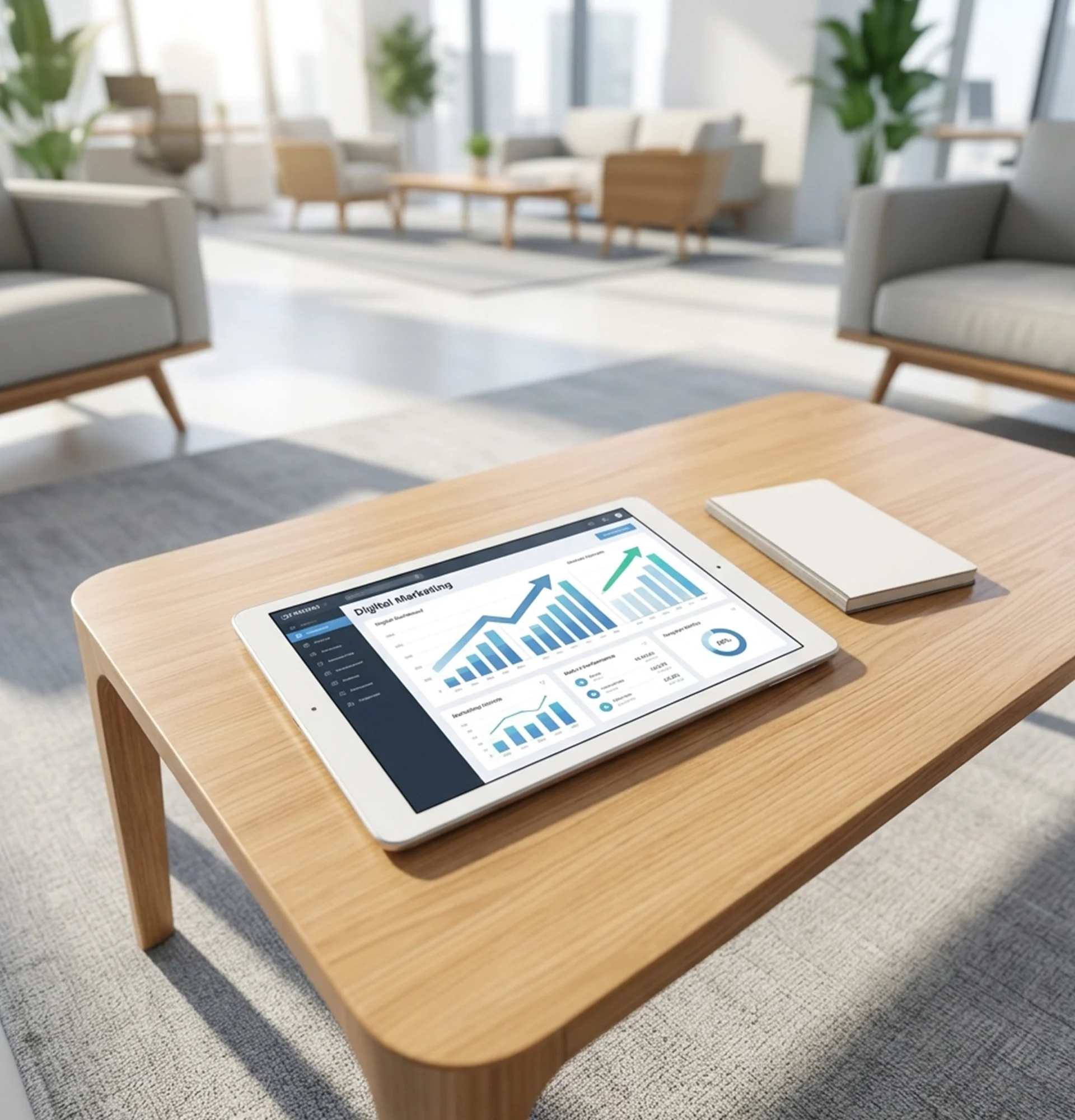 Modern office scene featuring a tablet with business data, emphasizing the significance of digital marketing solutions